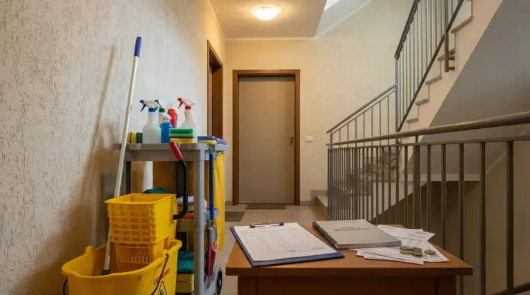 Carrello con prodotti per pulizie nel vano scale condominiale, con documenti e ricevute su un tavolo