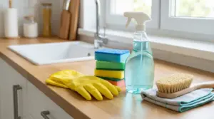 Prodotti per pulizie domestiche sul piano cucina: guanti, spugne, spruzzino detergente e spazzola vicino al lavello