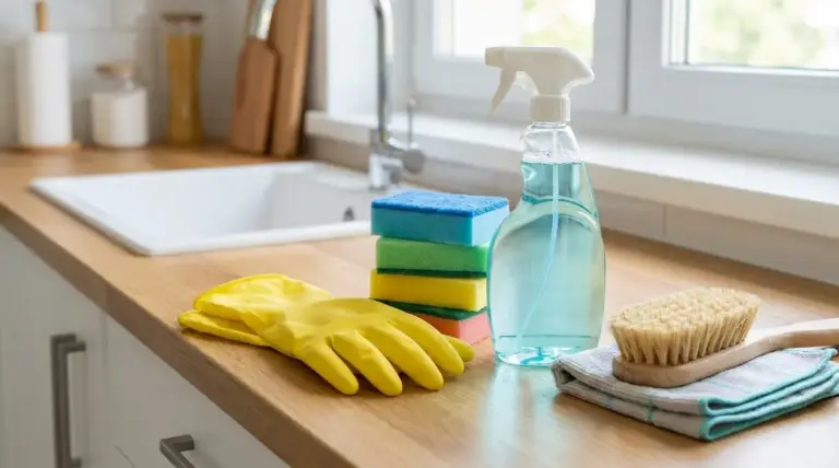Prodotti per pulizie domestiche sul piano cucina: guanti, spugne, spruzzino detergente e spazzola vicino al lavello