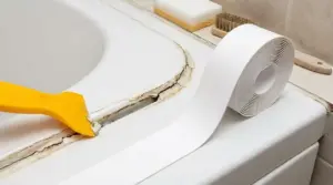 Rimozione del vecchio silicone rovinato attorno al lavabo del bagno con spatola e nastro sigillante