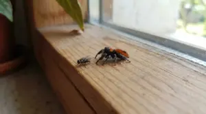 Ragno saltatore su un davanzale accanto a una mosca, vicino a una finestra in casa