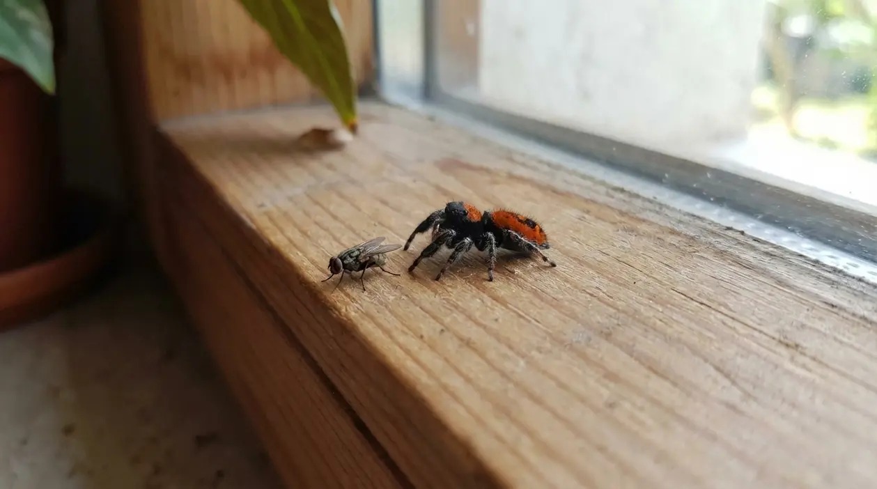 Ragno saltatore su un davanzale accanto a una mosca, vicino a una finestra in casa