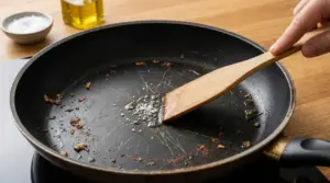 Padella usurata con residui di cibo e una spatola di legno che applica sale grosso