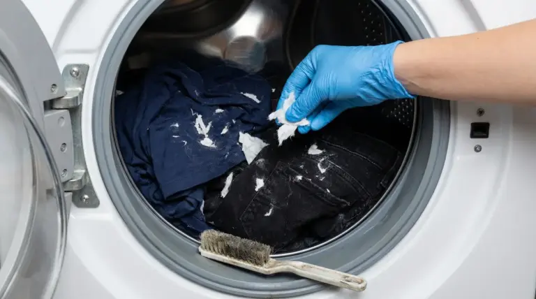 Mano con guanto rimuove residui di fazzoletti da vestiti in lavatrice