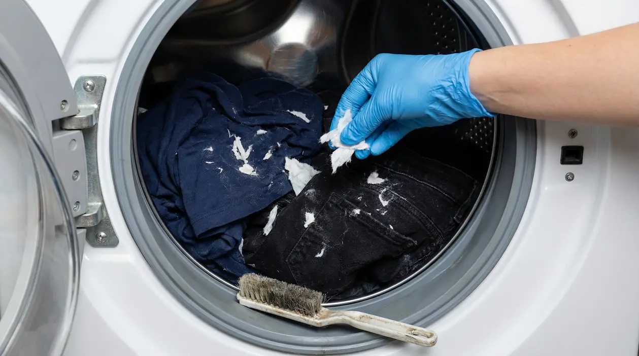 Mano con guanto rimuove residui di fazzoletti da vestiti in lavatrice