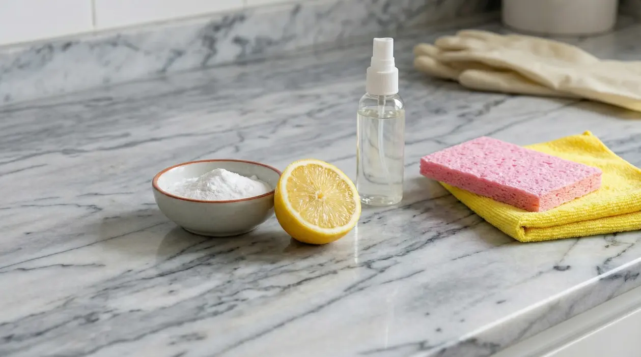 Ingredienti e strumenti per pulire il marmo: bicarbonato in ciotola, limone, flacone spray, spugna e panno sul piano