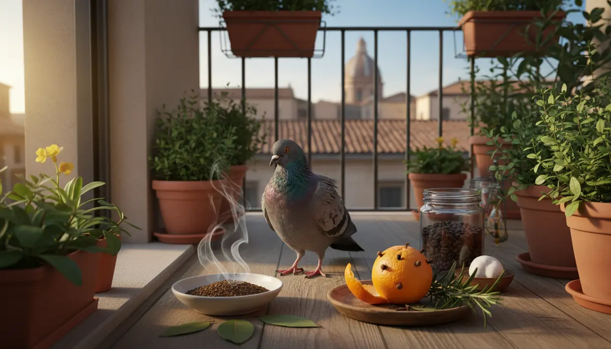 Piccione su un balcone con piante aromatiche e rimedi naturali per allontanarlo