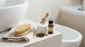 Ingredienti naturali per la pulizia del bagno su un mobile accanto al lavabo