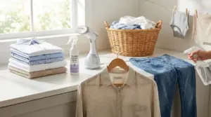 Camicia appesa, jeans e capi piegati con spray antipiega e stiratrice verticale in lavanderia domestica