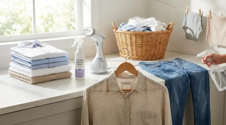 Camicia appesa, jeans e capi piegati con spray antipiega e stiratrice verticale in lavanderia domestica