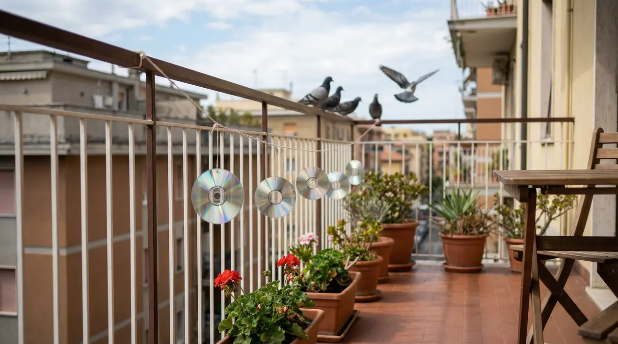 Balcone con vasi di fiori e vecchi CD appesi alla ringhiera per allontanare i piccioni