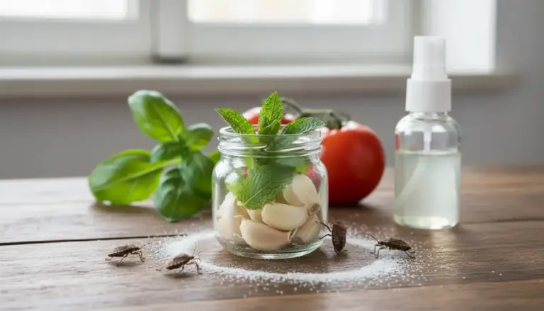 Cimici vicino a un barattolo con aglio e menta su tavolo, con spray naturale repellente sullo sfondo