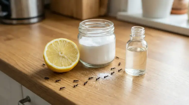 Formiche su un piano di legno vicino a limone, bicarbonato e flacone di liquido trasparente