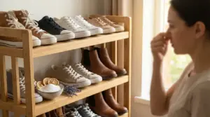Scarpiera in legno con scarpe e rimedi naturali, mentre una persona si tappa il naso per cattivo odore