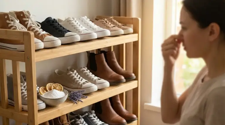 Scarpiera in legno con scarpe e rimedi naturali, mentre una persona si tappa il naso per cattivo odore