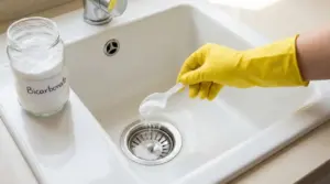 Mano con guanto versa bicarbonato nello scarico del lavandino per eliminare i cattivi odori