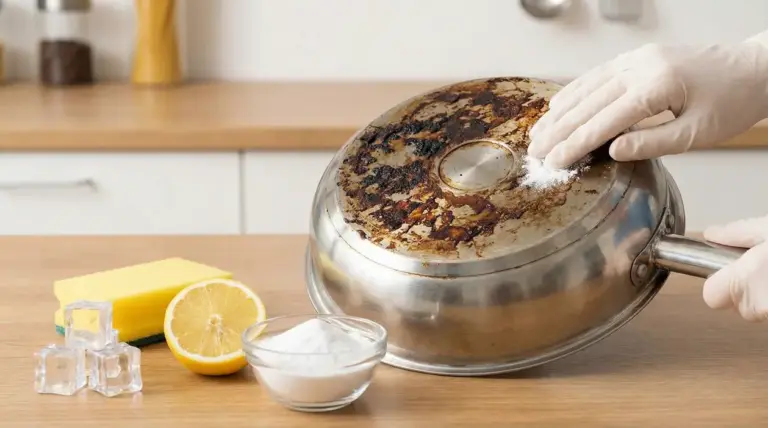 Pulizia del fondo incrostato di una padella con bicarbonato, limone e spugna su un piano cucina