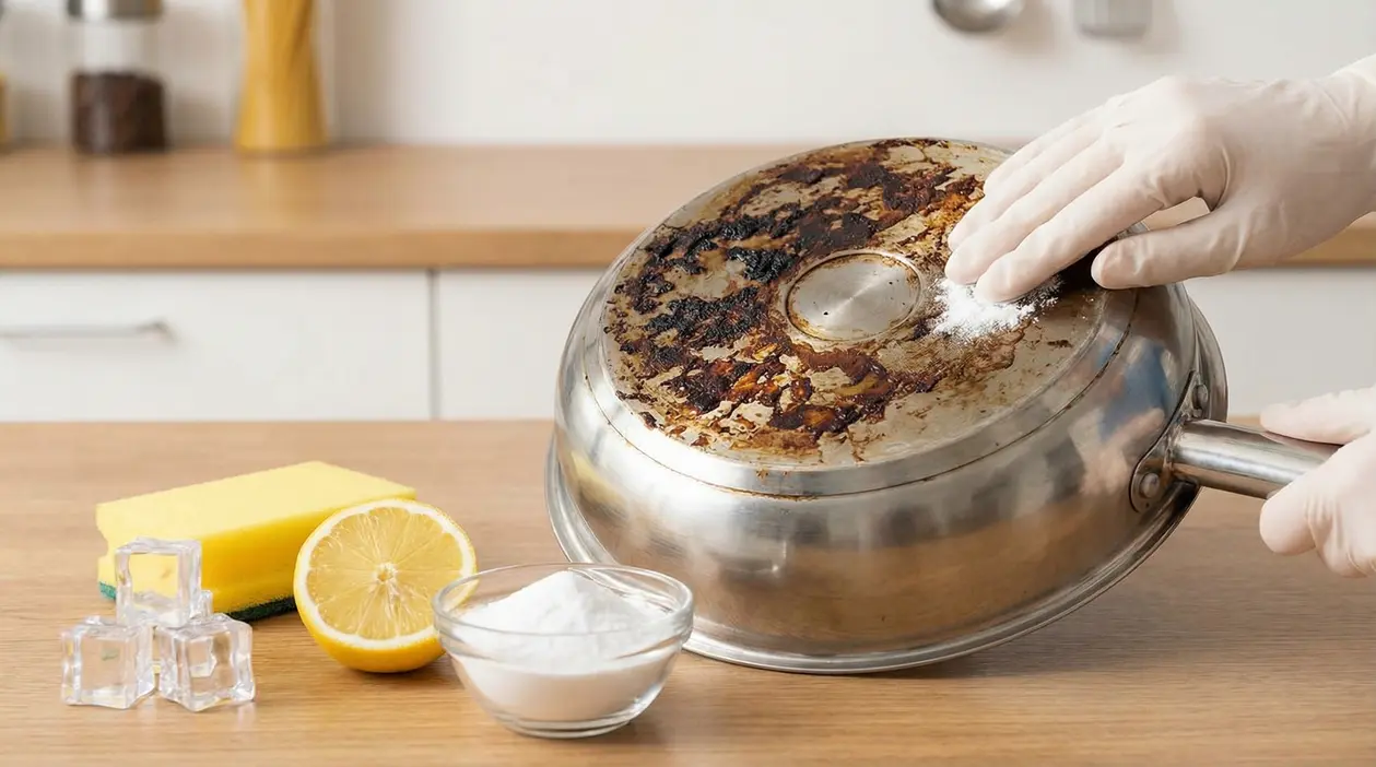 Pulizia del fondo incrostato di una padella con bicarbonato, limone e spugna su un piano cucina