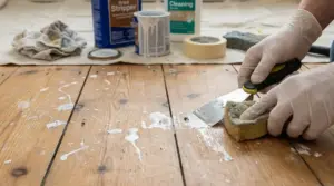 Mani con guanti rimuovono macchie di vernice da un pavimento in legno usando spatola e spugna