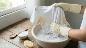 Persona con guanti pulisce una maglietta bianca con macchie di sudore in una bacinella con acqua saponata