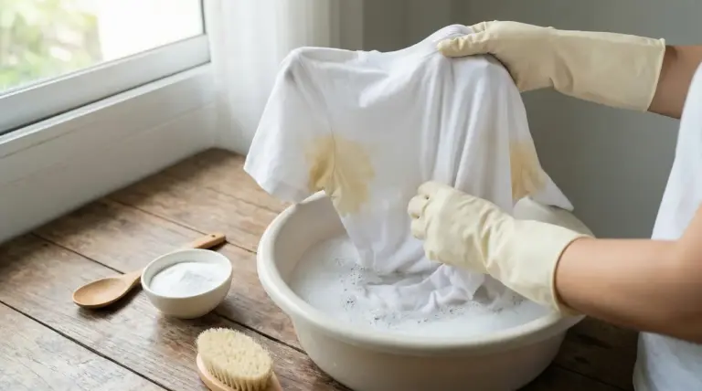 Persona con guanti pulisce una maglietta bianca con macchie di sudore in una bacinella con acqua saponata