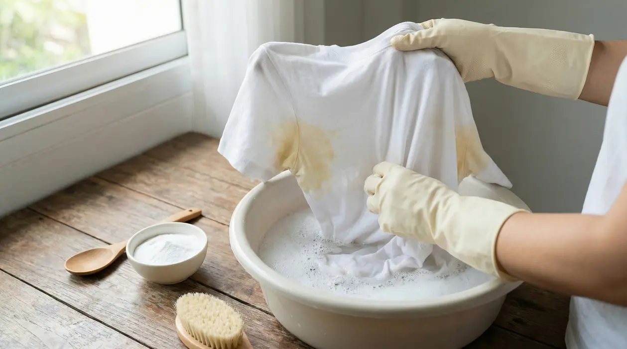 Persona con guanti pulisce una maglietta bianca con macchie di sudore in una bacinella con acqua saponata