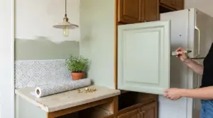 Persona che dipinge l’anta di un mobile cucina per rinnovare i pensili con un intervento fai da te economico