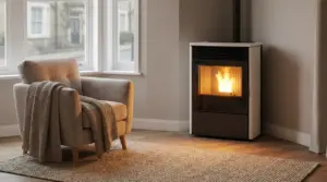 Poltrona accanto a una stufa accesa in un salotto moderno e accogliente