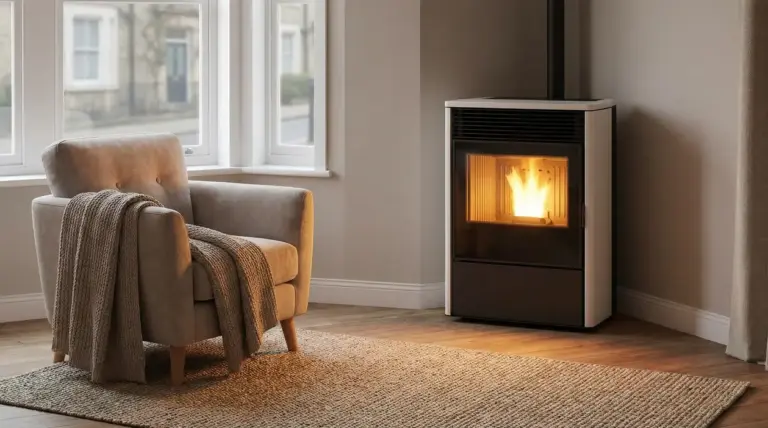 Poltrona accanto a una stufa accesa in un salotto moderno e accogliente