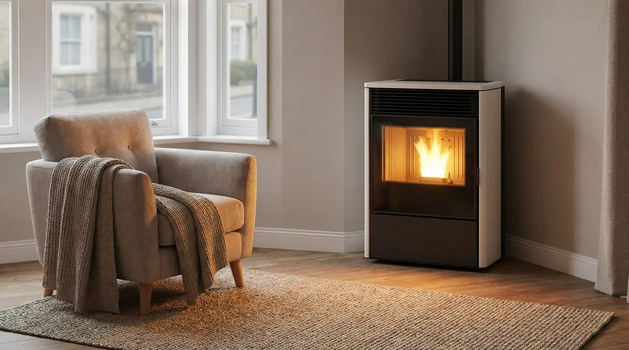 Poltrona accanto a una stufa accesa in un salotto moderno e accogliente