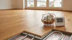 Impianto di riscaldamento a pavimento sotto parquet con termostato e salvadanaio, simbolo di risparmio in bolletta