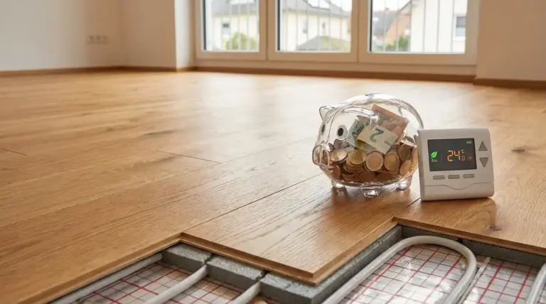 Impianto di riscaldamento a pavimento sotto parquet con termostato e salvadanaio, simbolo di risparmio in bolletta