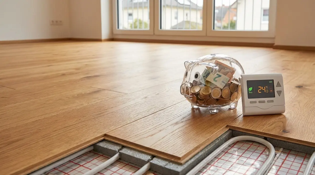 Impianto di riscaldamento a pavimento sotto parquet con termostato e salvadanaio, simbolo di risparmio in bolletta