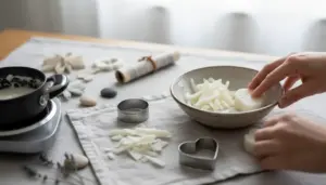 Mani che riutilizzano residui di saponetta in una ciotola, con stampini e pentolino per creare nuove saponette