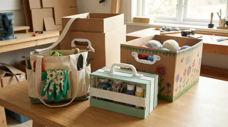 Scatole in cartone con manici in plastica riutilizzate come contenitori per gomitoli e materiali da bricolage su un tavolo