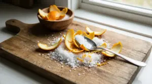 Sale grosso mescolato con bucce d’arancia su un tagliere di legno, con cucchiaio e ciotola vicino alla finestra