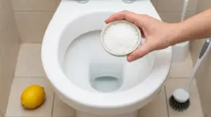 Mano con una ciotola di sale sopra il WC, con limone e scopino in bagno