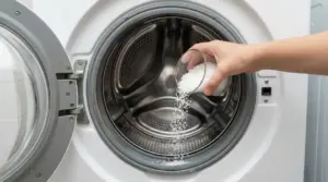 Mano che versa sale grosso nel cestello di una lavatrice a carica frontale aperta