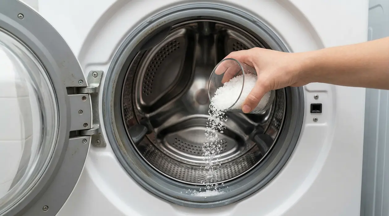 Mano che versa sale grosso nel cestello di una lavatrice a carica frontale aperta