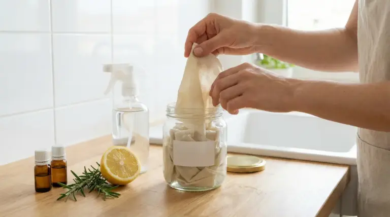 Mani che prendono una salviettina da un barattolo di vetro con panni, accanto a limone, oli essenziali e spruzzino