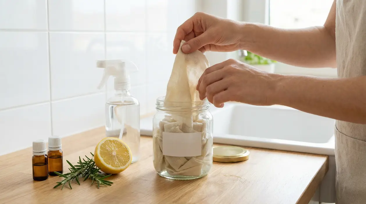 Mani che prendono una salviettina da un barattolo di vetro con panni, accanto a limone, oli essenziali e spruzzino