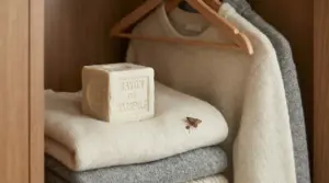 Sapone di Marsiglia su maglioni piegati in un armadio, con una piccola tarma sui tessuti