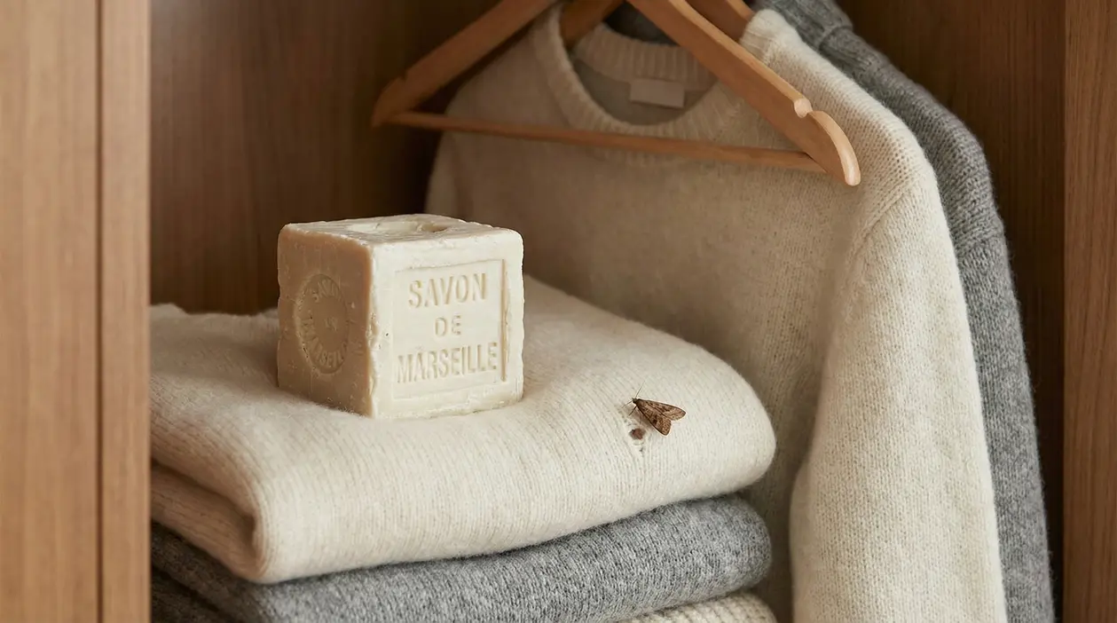 Sapone di Marsiglia su maglioni piegati in un armadio, con una piccola tarma sui tessuti