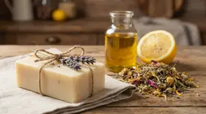 Saponetta artigianale con olio, limone ed erbe essiccate su tavolo in legno