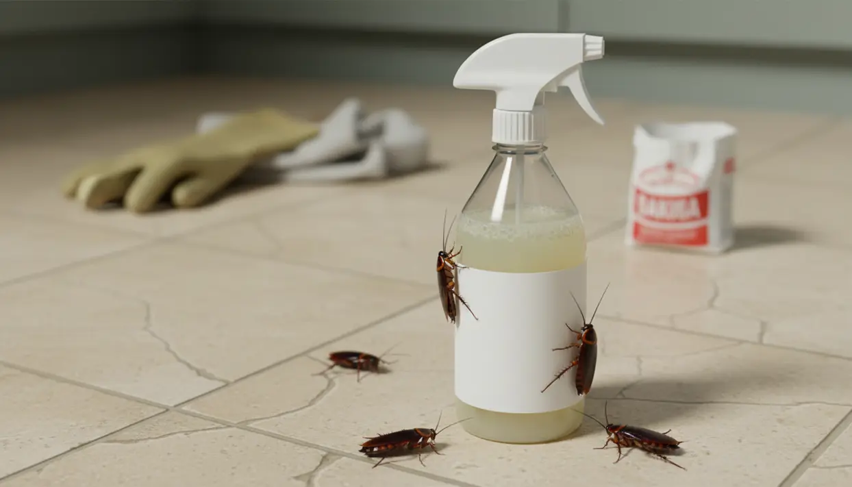 Scarafaggi vicino a uno spray fatto in casa su un pavimento di cucina