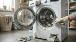 Persona che pulisce una lavatrice a carica frontale con sporco e muffa intorno all’oblò e al cassetto detersivo