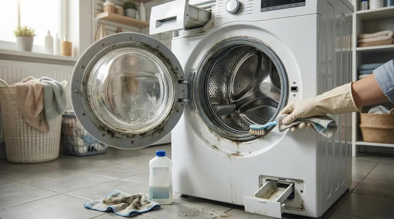 Persona che pulisce una lavatrice a carica frontale con sporco e muffa intorno all’oblò e al cassetto detersivo