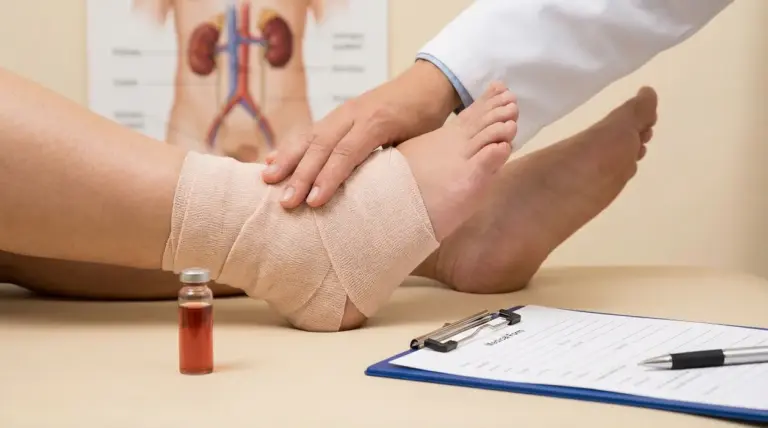 Un medico esamina la caviglia gonfia di una persona con una fasciatura