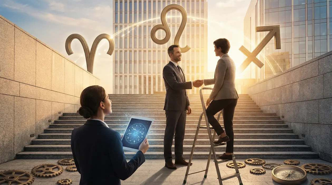 Persone in abiti formali con simboli zodiacali Ariete, Leone e Sagittario sullo sfondo