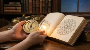 Mani tengono un astrolabio e una lampadina accesa accanto a un libro aperto con simboli zodiacali